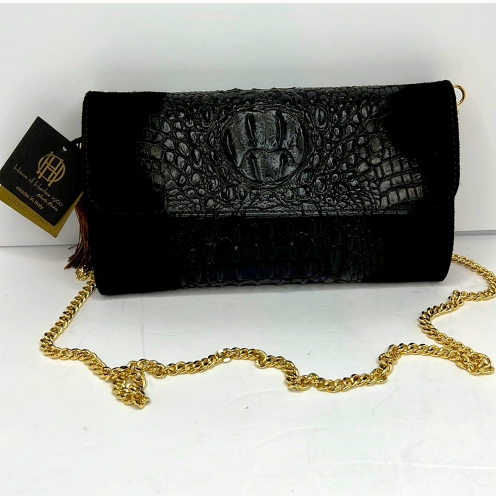 NWT HOUSE OF HARLOW 1960 CLUTCH, BLACK LEATHER, MADE IN ITALY, BEAUTIFUL DESIGN